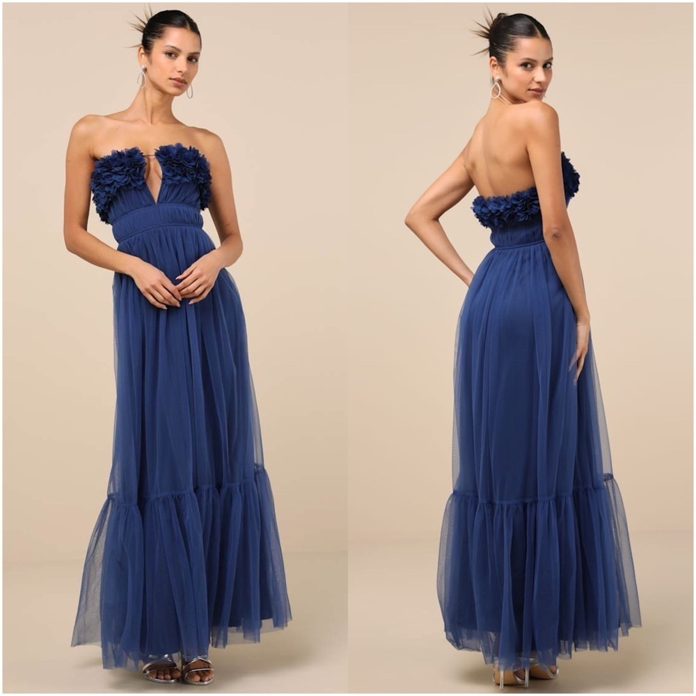 LULU’S Chic Spectacle Navy 3D Applique Strapless Maxi Dress